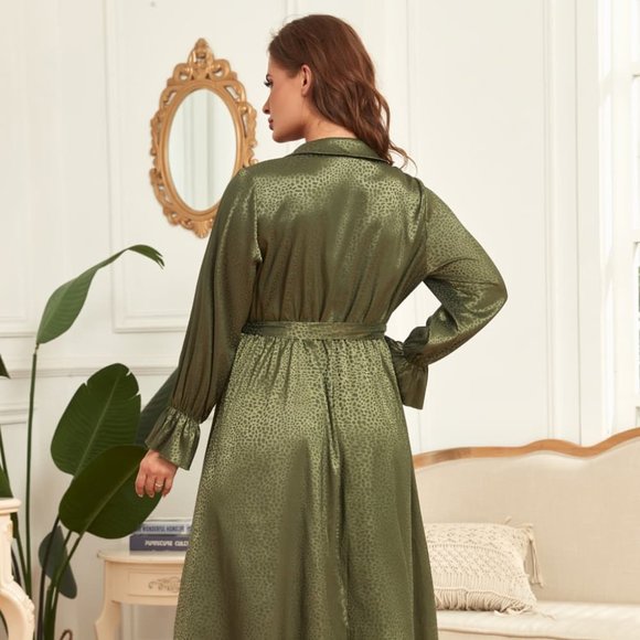 Melo Apparel Plus Size Surplice Neck Tie Belt Flounce Sleeve Midi Dress - Picture 5 of 7